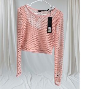 Kardashian Kollection Pink Crop Fishnet Top